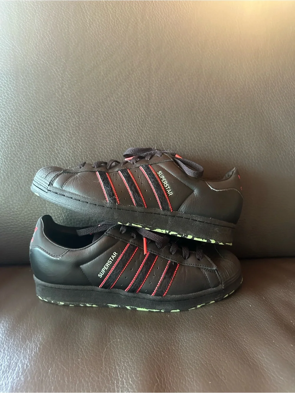 adidas Black Sneakers with Red Stripes and Lime Speckle Sole